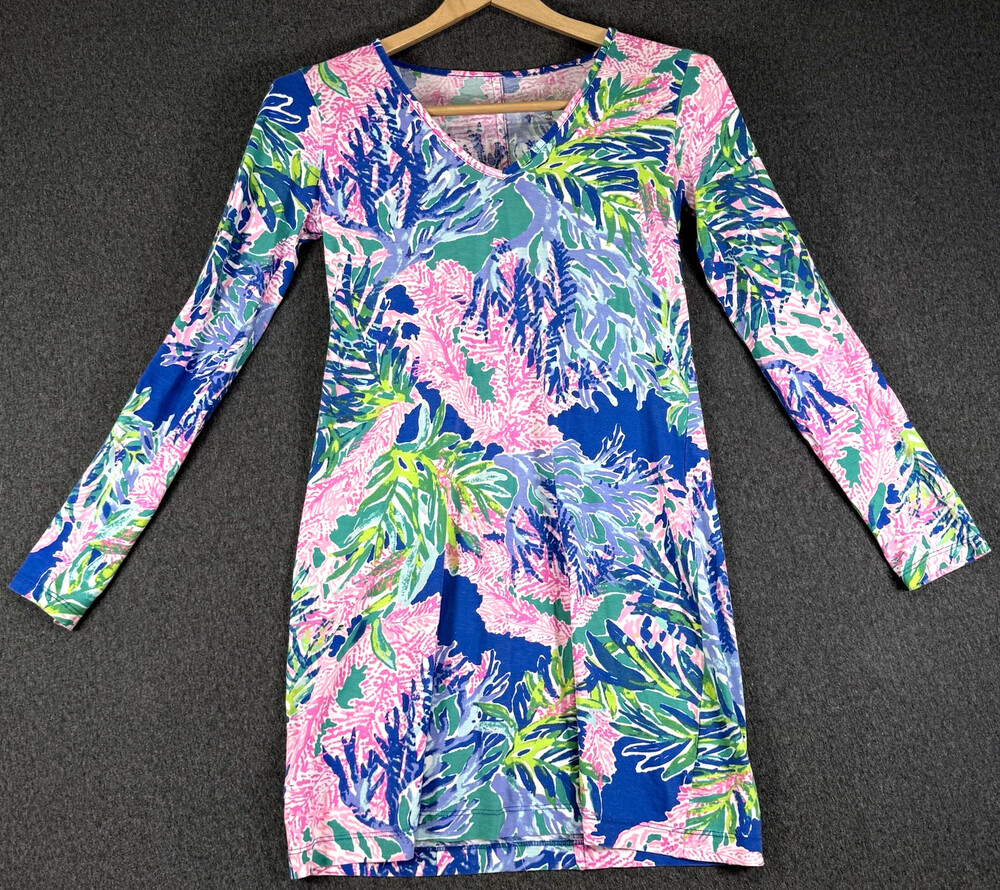 Lilly Pulitzer Womens XXS Blue Pink Green Tropical Floral V-Neck Shift Dress